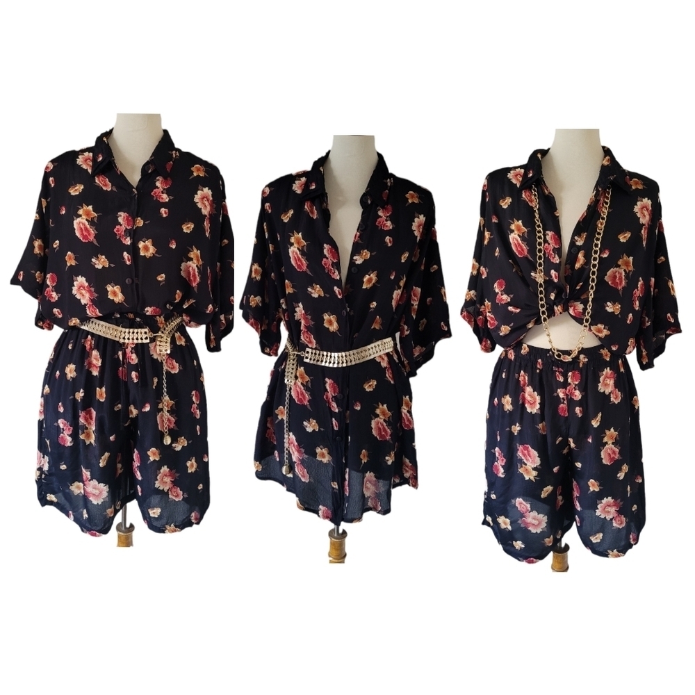 Vintage 80's NASH Black Floral‎ Two Piece Short Set